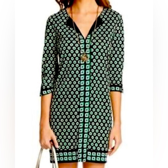 Diane Von Furstenberg Silk Jersey Shirt Dress Green Black Print Button Up Size 2 - Picture 1 of 11